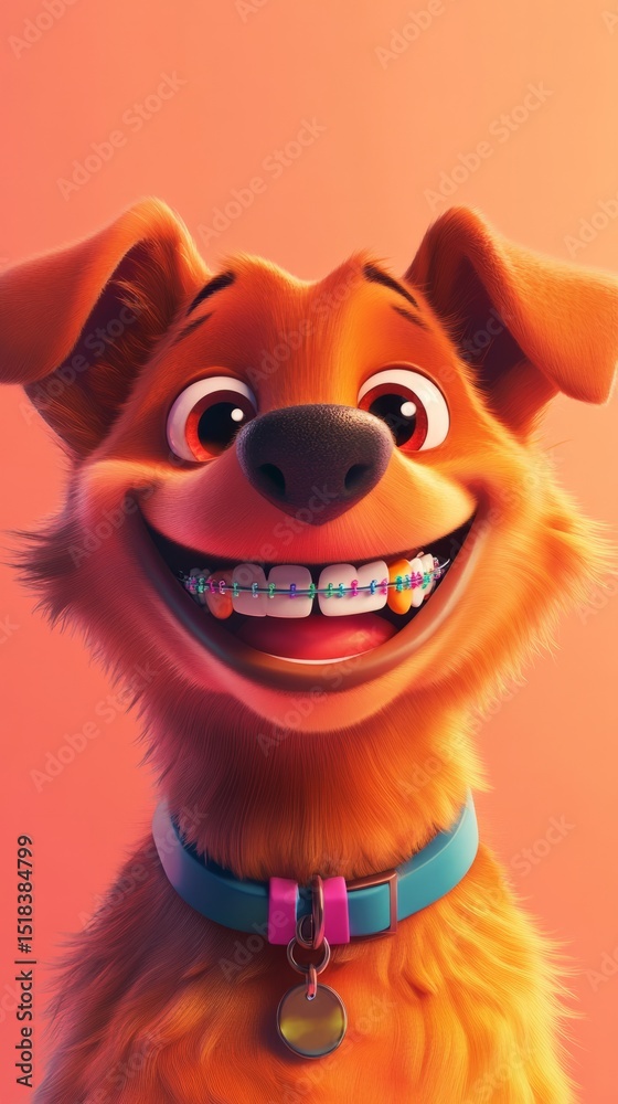 Obraz premium Full-length dog with a smile, adorable, with braces and colored bands on upper teeth, pastel background. generative ai