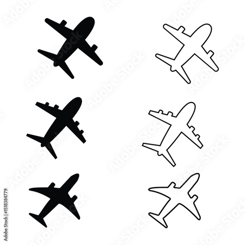 Airplane icons set with various aircraft silhouettes for travel and aviation illustration