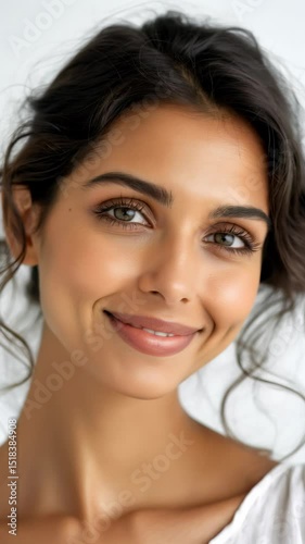 Close-up of a woman with wavy hair, soft makeup, and a calm expression against a white backdrop