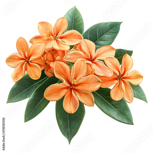 Orange Ixora Flower Bouquet isolated on transparent background png cutout – Red Jungle Flame Tropical Blossom for Design and Decoration