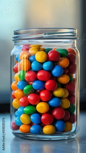 A clear glass jar filled with glossy, colorful candy-coated chocolates sits on a smooth surface
