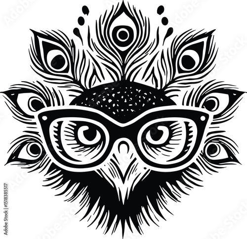 Peacock face with glasses vector black silhouette print design