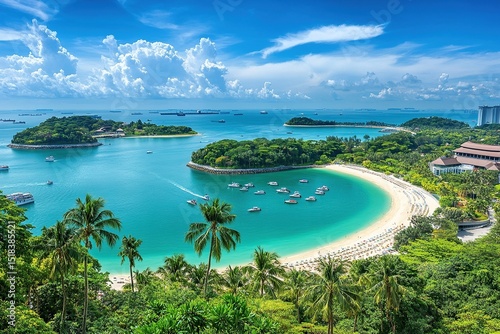 Photo of Sentosa Island in Singapore, overlooking the ocean with other islands and boats, clear blue sky