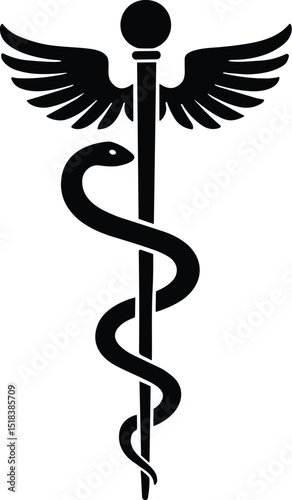 Mythical snake staff vector black silhouette print design
