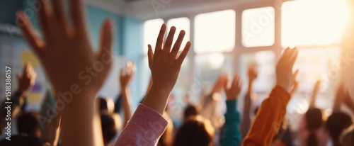 The lively classroom with eager hands raised for participation