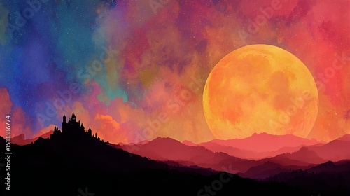 A breathtaking digital rendering of a medieval castle silhouetted against a dramatic, pink-hued supermoon and clouds.