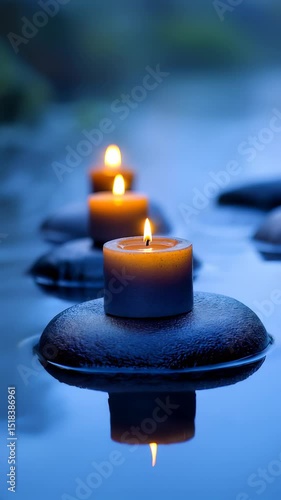 Three lit candles float on dark stones in calm water, creating soft reflections in blue twilight