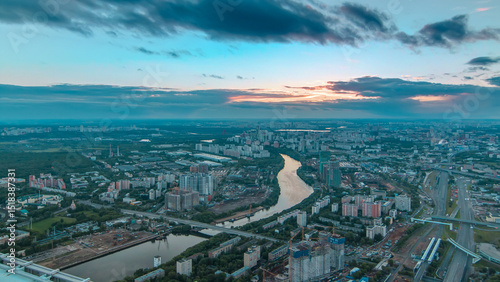 Photography Aerial top view of Moscow city timelapse at sunset