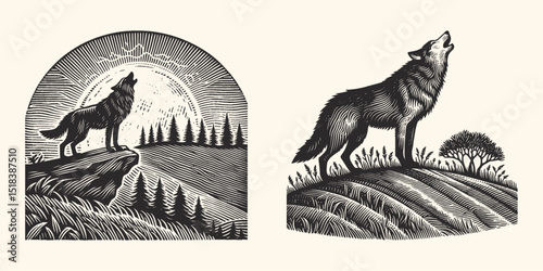 Woodcut Style Illustration of a Wolf Howling on a Hill – Hand-Drawn Animal Engraving, Rustic Wilderness Scene, Monochrome Wildlife Art for Nature and Outdoor Themes