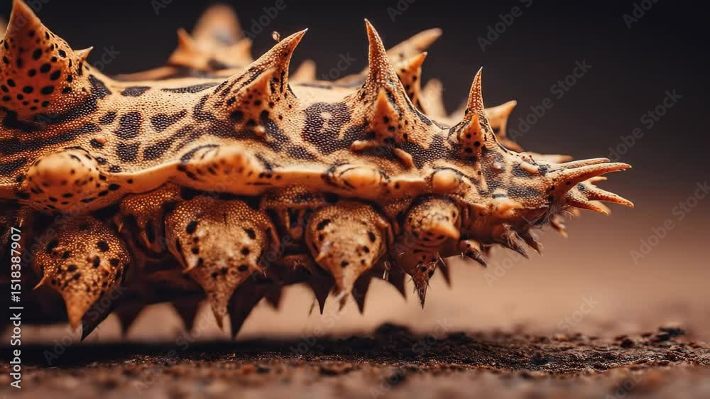Close up shows textured brown lizard with pointy spikes on its back on earth