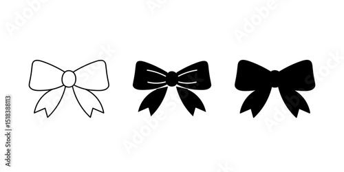 Set of bow icons. Decorative elements in silhouette and line style. Collection of accessories of different shapes for packaging holiday gift boxes. Vector illustration.
