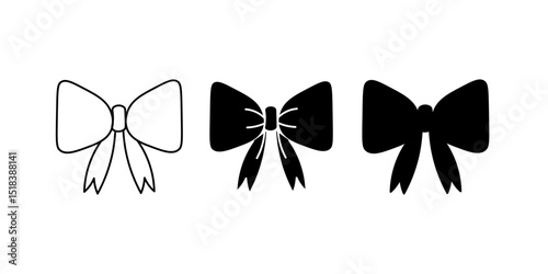 Set of bow icons. Decorative elements in silhouette and line style. Collection of accessories of different shapes for packaging holiday gift boxes. Vector illustration.

