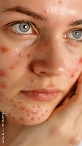 Detailed view of a young woman’s cheek, chin, and lip area covered with red inflamed acne and pores
