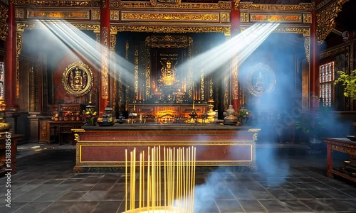 Interior of traditional Buddhist temple with golden altar and ornate religious decor under dramatic lighting