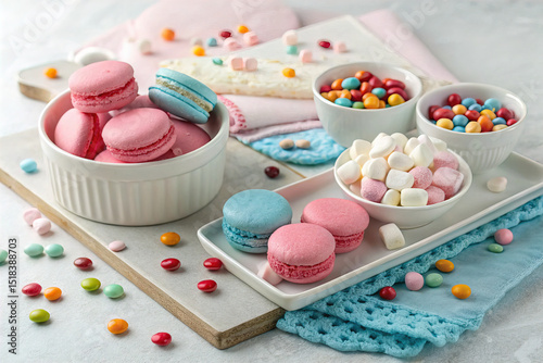 shows a collection of colorful desserts and candies neatly arranged on a light-colored surface. There are bowls filled with various candies and marshmallows, as well as a plate with macarons and more 