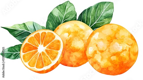 Watercolor Painting of Orange Fruits with Green Leaves on Isolated White Background