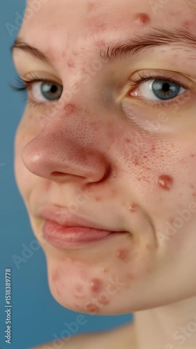Close-up of a young face with inflamed acne, blackheads, and redness on the nose and cheeks