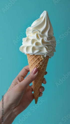 Hand holding a classic waffle cone topped with a large swirl of creamy vanilla soft serve ice cream