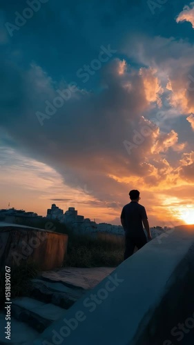 Silhouette of a person walking up stone steps toward a dramatic sunset sky with orange clouds, offering a sense of journey and reflection
