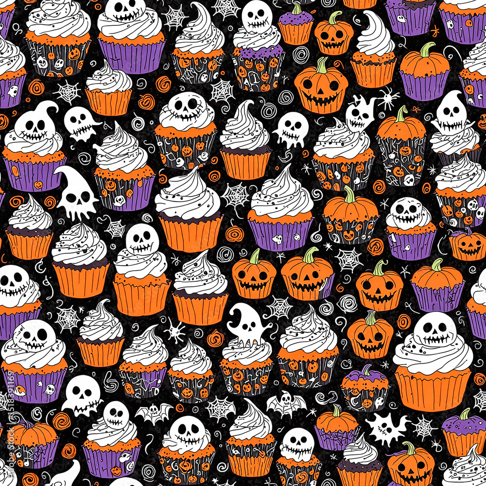 Spooky Halloween cupcake pattern with cute decorations, festive fun Spooky Halloween cupcake pattern with cute decorations, festive fun