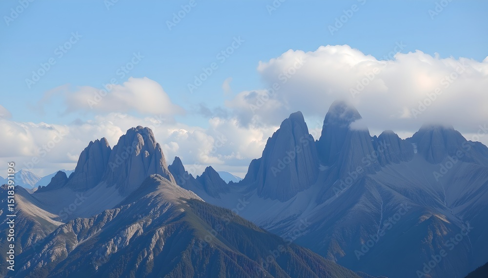 Obraz premium strange shaped mountain peaks with soft clouds and open blue sky