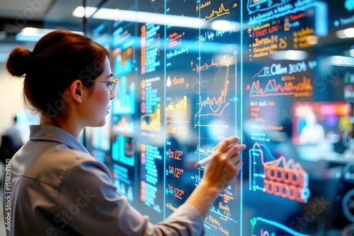 corporate strategist writing on transparent board, focused lighting