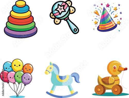 Colorful Baby Toy Icon Set  Cute Vector Illustrations for Kids and Nursery Design new trendy 2025 unique