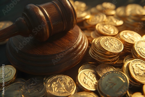 Close-up of a wooden judge's gavel resting on a pile of golden coins.