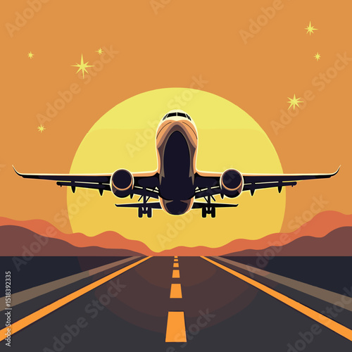 Airplane taking off against a sunset with mountains in the background  