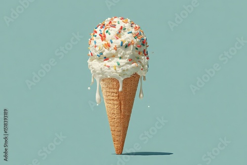 Ice cream cone with melting vanilla scoop topped with colorful sprinkles, set against a soft pastel background, evoking a sense of summer delight and indulgence