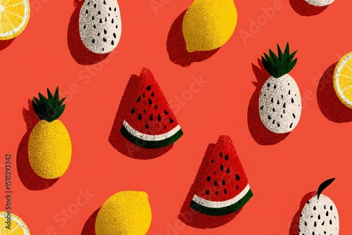 Colorful flat illustration of assorted fruits including watermelon, pineapple, lemon, and dragon fruit arranged on a vibrant coral background, showcasing a playful and fresh design concept