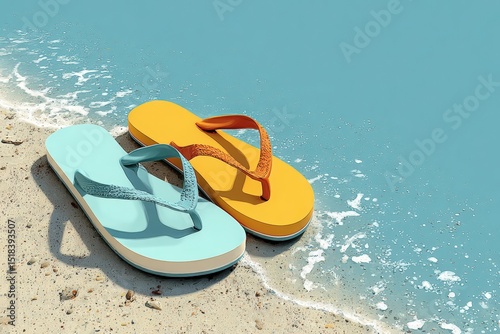 Colorful flip flops in vibrant blue and yellow resting on sandy beach, with gentle waves lapping at the shore, creating a relaxing summer atmosphere and inviting vacation vibes
