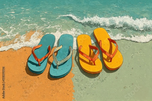 Colorful flip flops in blue, green, orange, and yellow are placed on sandy beach, with gentle waves lapping at the shore, evoking a relaxed summer atmosphere and vacation vibes