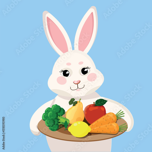 Bunny with a plate, hare, 
bunny, 
with tray, 
vegetables, 
fruits, 
ears, 
apple, 
pear, white hare, carrot, lemon, 
broccoli