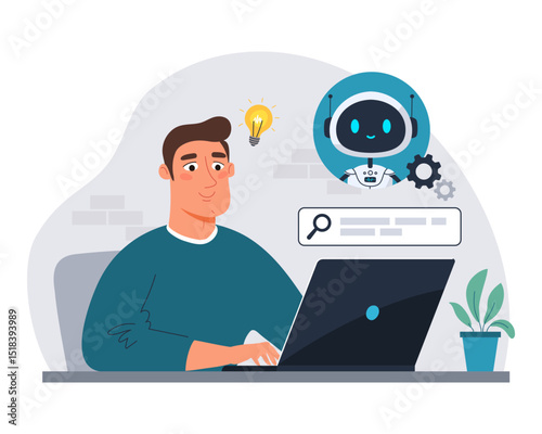 Man using laptop with chatbot assistant. AI-powered virtual assistant helps with search and productivity. Modern flat vector illustration of of virtual tech support
