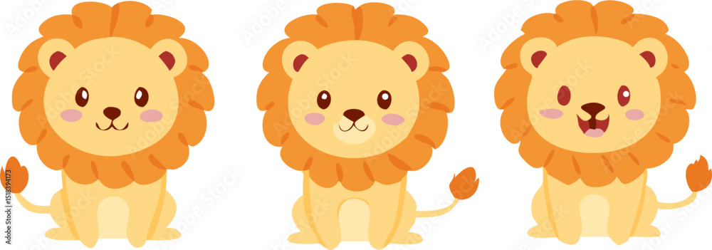 Obraz premium Cartoon lion characters, cute animal icons, yellow lion illustrations, smiling lion faces isolated on Transparent Background
