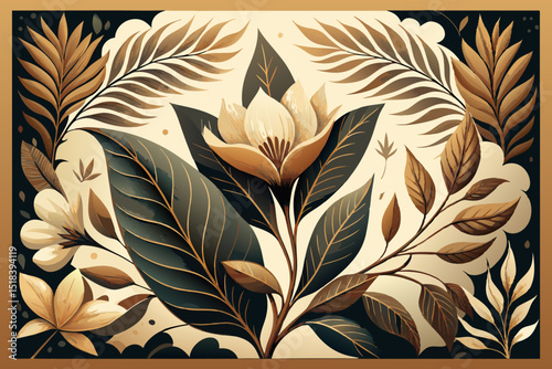 greeting card with flowers, hearts on paper vintage background, A flower and leaf border design in vintage sepia tones, botanical illustration 