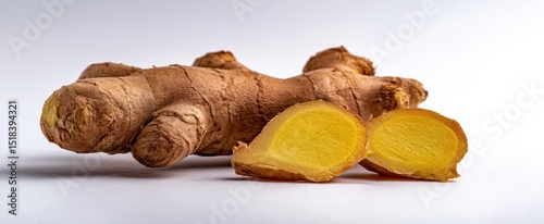 The fresh ginger root with sliced segments showcasing its vibrant yellow interior. photo