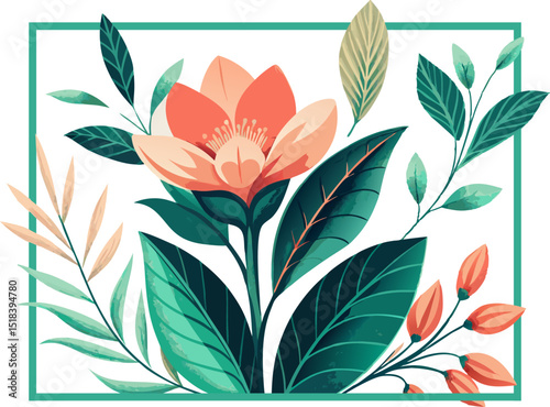 A flower and leaf branch frame in coral and pistachio green, botanical illustration on white background.