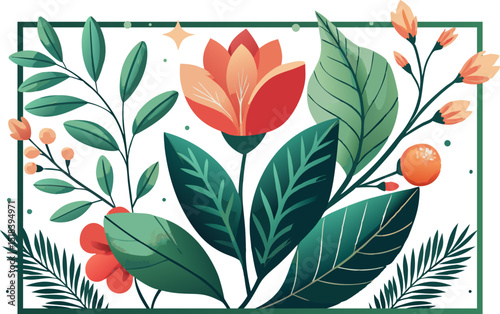 A flower and leaf branch frame in coral and pistachio green, botanical illustration on white background.