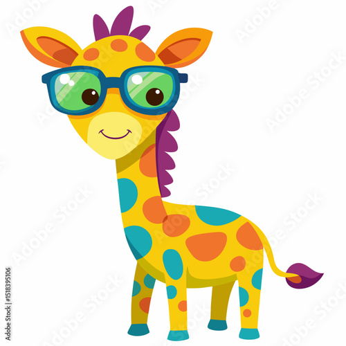 Cartoon Colorful Giraffe with Sunglasses Isolated on White Background

