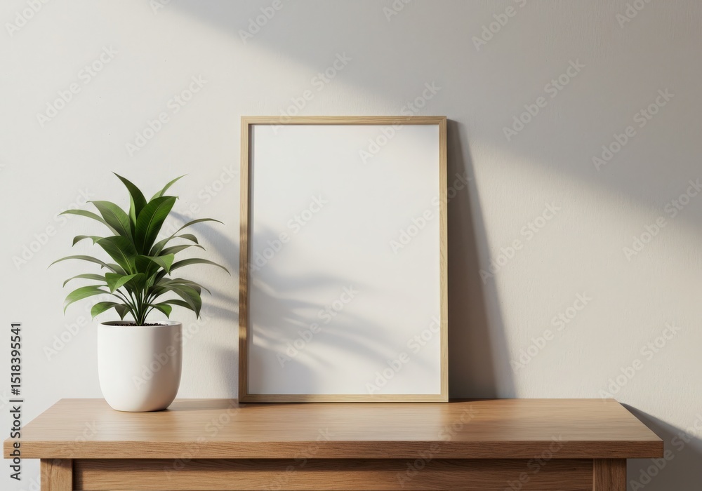 Fototapeta premium Picture frame mockup with plant on wooden table against a white wall background