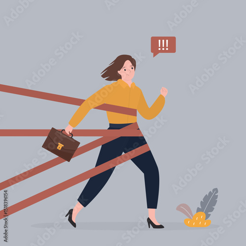 Businesswoman trying to run away with full effort. Business in difficulty. Gender barrier, woman career obstacle or inequality. Limitation or discrimination,