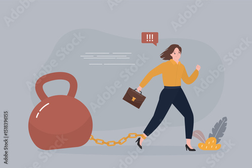 Businesswoman chained to giant weight. Business in difficulty. Gender barrier, woman career obstacle or inequality. Limitation or discrimination, effort to overcome difficulties