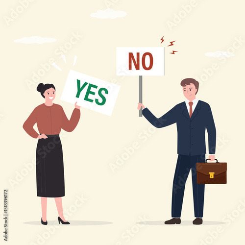 Businessman and businesswoman argue with yes and no signs. Yes, No dispute or disagreement, conflict fight debate, dilemma, argument or office rivalry war,