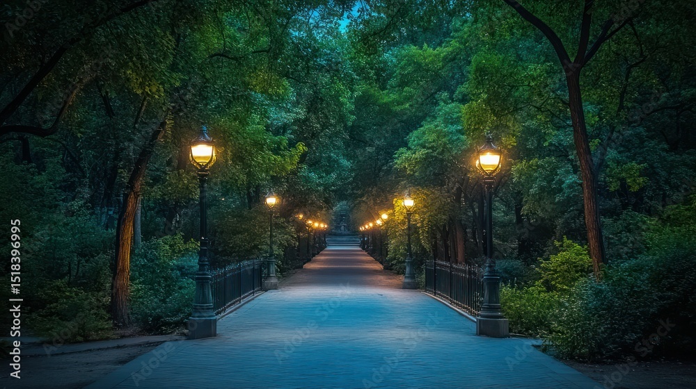 Fototapeta premium Park path at dusk, lit by lanterns