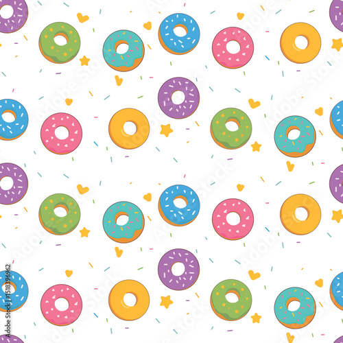 Seamless pattern of donuts. Sweet summer prints glazed donuts. On white background.