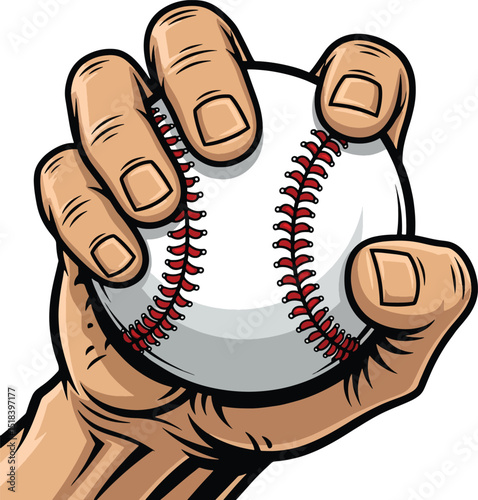 A hand gripping a baseball prepared for a pitch in a sports game illustration