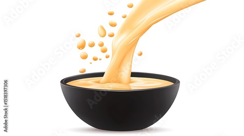 Yellow Liquid Pouring Flowing into Dark Bowl Isolated Against White Background