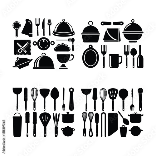 Kitchen utensils and cookware in black silhouette set 